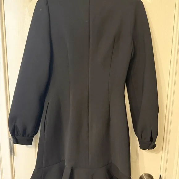 Self-Portrait Black Long-Sleeve Ruffle Dress with Pearl Bow Accents